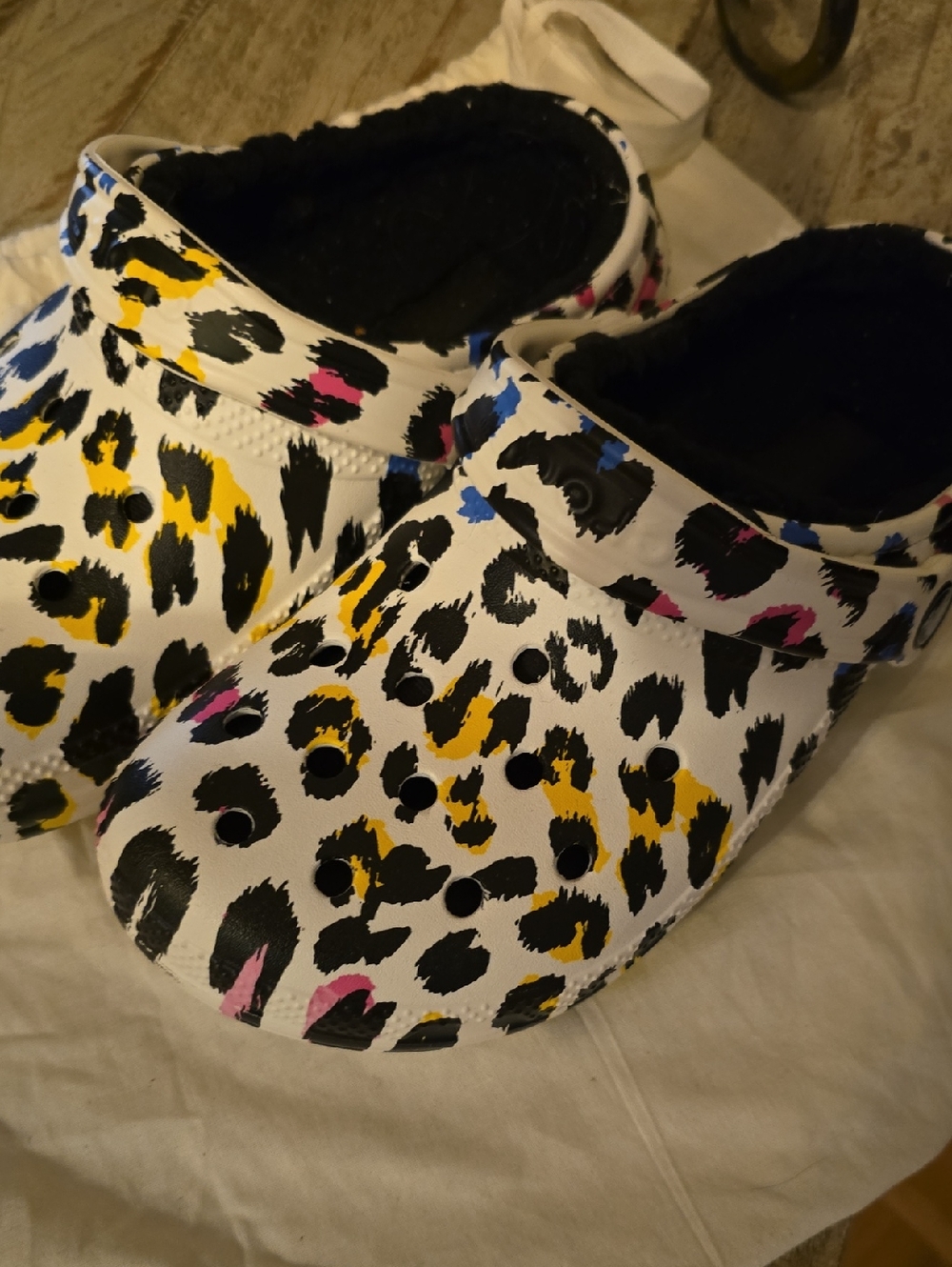 CROCS White Leopard Print Clogs with Yellow Pink and Black Spots